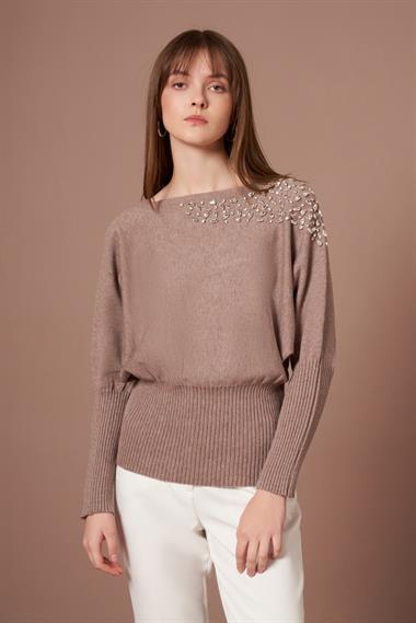 FTZ Women Kadın Beyoğlu İşlemeli Yarasa Kol Kazak  Vizon 25017