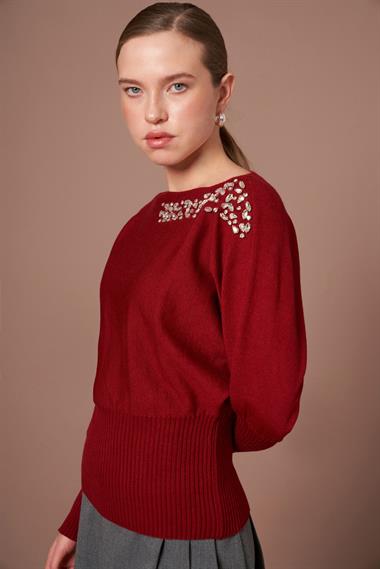 FTZ Women Kadın Beyoğlu İşlemeli Yarasa Kol Kazak  Bordo 25017