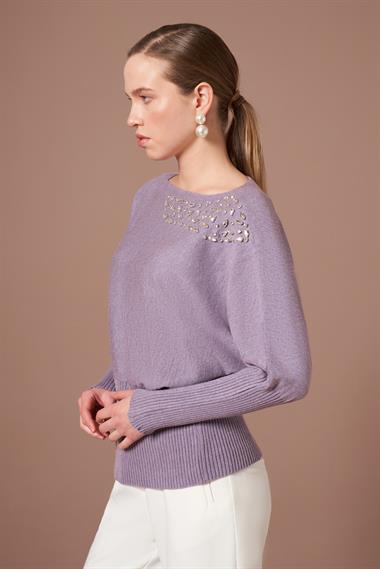 FTZ Women Kadın Beyoğlu İşlemeli Yarasa Kol Kazak  Lila 25017