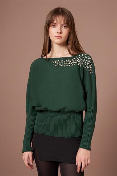 FTZ Women Kadın Beyoğlu İşlemeli Yarasa Kol Kazak  Zümrüt Yeşil 25017