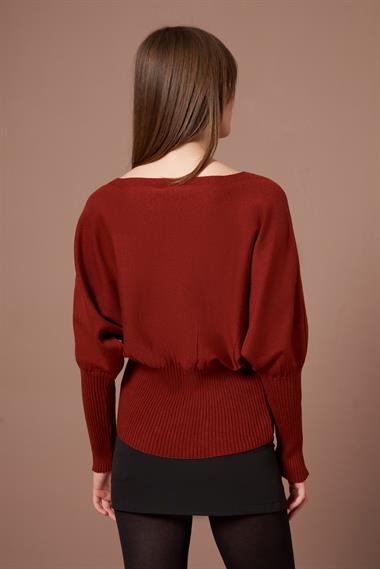 FTZ Women Kadın Beyoğlu İşlemeli Yarasa Kol Kazak  Kiremit 25017