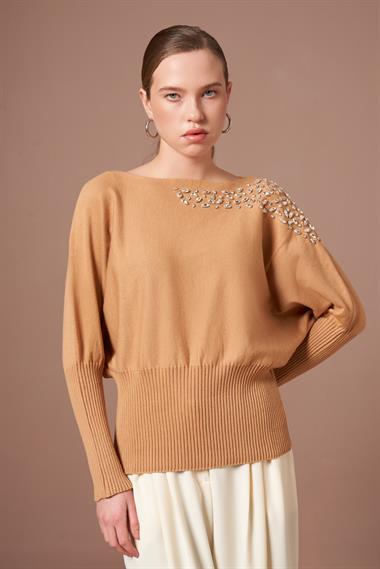 FTZ Women Kadın Beyoğlu İşlemeli Yarasa Kol Kazak  Bisküvi 25017