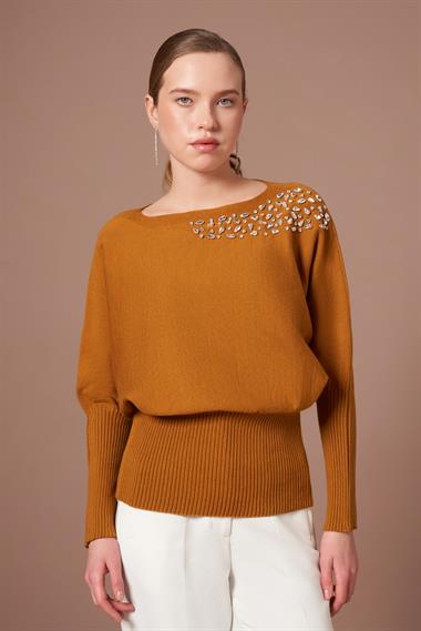 FTZ Women Kadın Beyoğlu İşlemeli Yarasa Kol Kazak  Hardal 25017