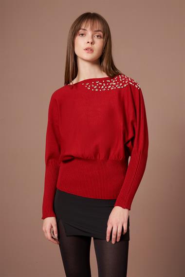 FTZ Women Kadın Beyoğlu İşlemeli Yarasa Kol Kazak  Kırmızı 25017