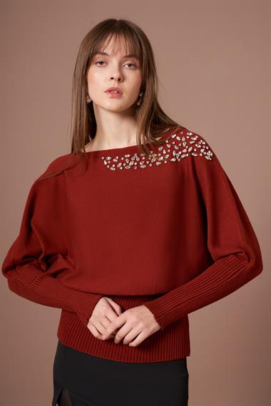 FTZ Women Kadın Beyoğlu İşlemeli Yarasa Kol Kazak  Kiremit 25017