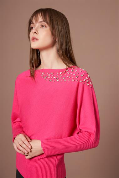 FTZ Women Kadın Beyoğlu İşlemeli Yarasa Kol Kazak  Fuşya 25017