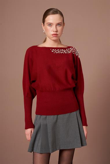 FTZ Women Kadın Beyoğlu İşlemeli Yarasa Kol Kazak  Bordo 25017