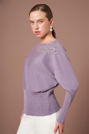 FTZ Women Kadın Beyoğlu İşlemeli Yarasa Kol Kazak  Lila 25017