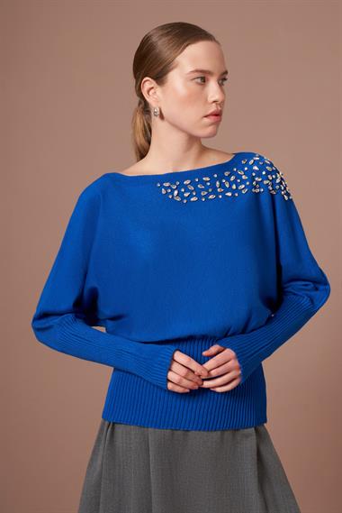 FTZ Women Kadın Beyoğlu İşlemeli Yarasa Kol Kazak  Saks Mavi 25017