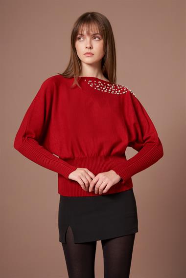 FTZ Women Kadın Beyoğlu İşlemeli Yarasa Kol Kazak  Kırmızı 25017