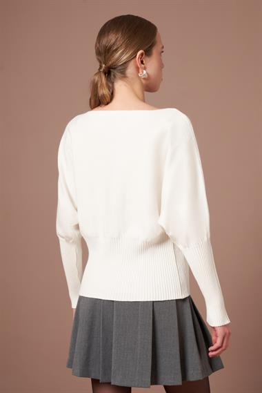 FTZ Women Kadın Beyoğlu İşlemeli Yarasa Kol Kazak  Ekru 25017