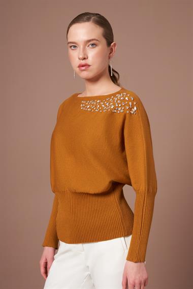 FTZ Women Kadın Beyoğlu İşlemeli Yarasa Kol Kazak  Hardal 25017