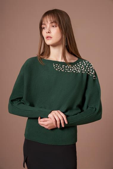 FTZ Women Kadın Beyoğlu İşlemeli Yarasa Kol Kazak  Zümrüt Yeşil 25017