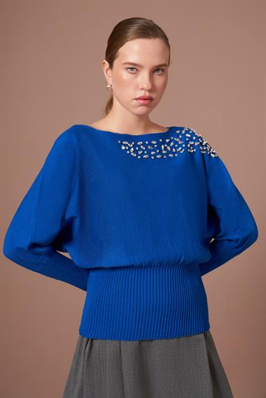 FTZ Women Kadın Beyoğlu İşlemeli Yarasa Kol Kazak  Saks Mavi 25017