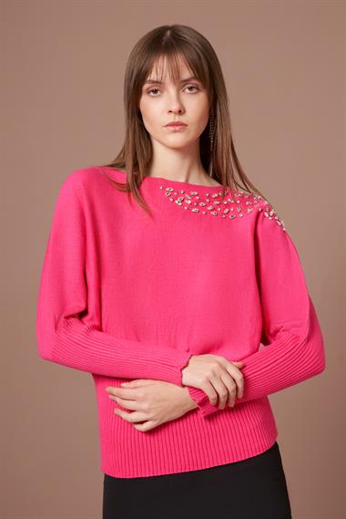 FTZ Women Kadın Beyoğlu İşlemeli Yarasa Kol Kazak  Fuşya 25017