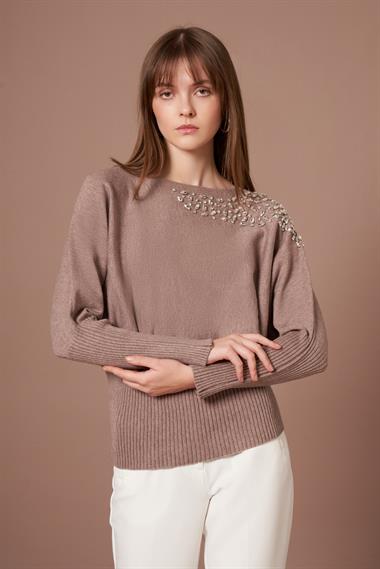 FTZ Women Kadın Beyoğlu İşlemeli Yarasa Kol Kazak  Vizon 25017