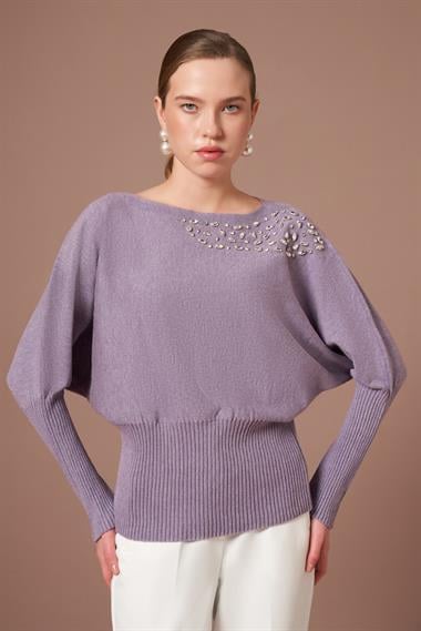 FTZ Women Kadın Beyoğlu İşlemeli Yarasa Kol Kazak  Lila 25017