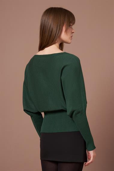 FTZ Women Kadın Beyoğlu İşlemeli Yarasa Kol Kazak  Zümrüt Yeşil 25017