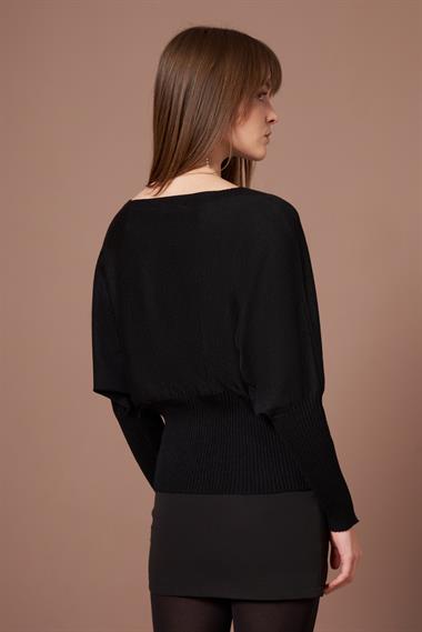 FTZ Women Kadın Beyoğlu İşlemeli Yarasa Kol Kazak  Siyah 25017