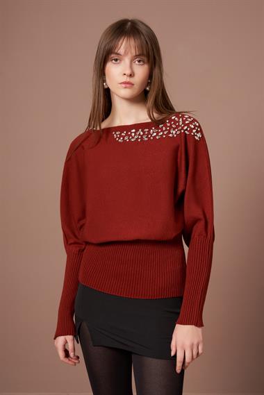 FTZ Women Kadın Beyoğlu İşlemeli Yarasa Kol Kazak  Kiremit 25017