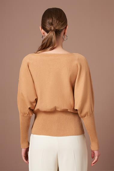 FTZ Women Kadın Beyoğlu İşlemeli Yarasa Kol Kazak  Bisküvi 25017