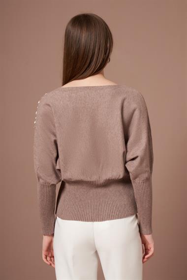 FTZ Women Kadın Beyoğlu İşlemeli Yarasa Kol Kazak  Vizon 25017