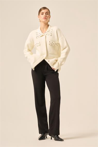 FTZ Women Kadın Beyoğlu Taş İşlemeli Hırka  Ekru 20774