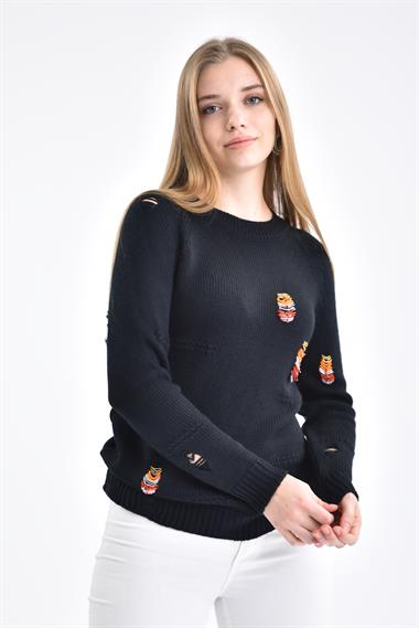 FTZ Women Kadın Boncuk İşlemeli Kazak  Siyah 21-1066