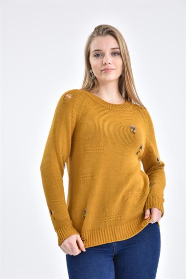 FTZ Women Kadın Boncuk İşlemeli Kazak  Safran 21-1066