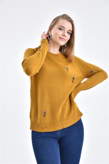 FTZ Women Kadın Boncuk İşlemeli Kazak  Safran 21-1066