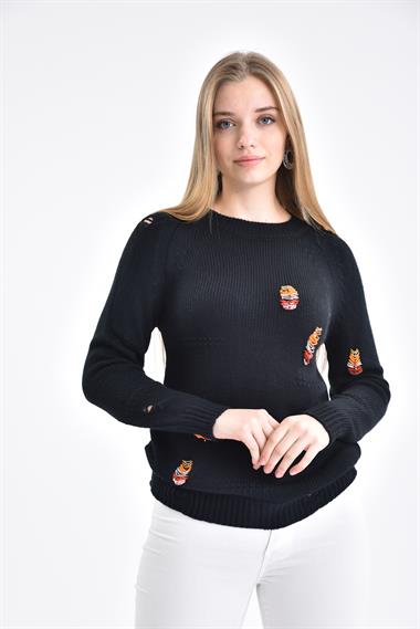 FTZ Women Kadın Boncuk İşlemeli Kazak  Siyah 21-1066