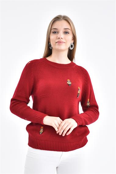 FTZ Women Kadın Boncuk İşlemeli Kazak  Bordo 21-1066