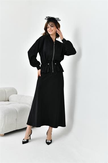 FTZ Women Kadın Büzgülü Ceketli Etekli Takım  Siyah 30725