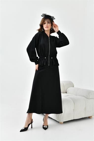 FTZ Women Kadın Büzgülü Ceketli Etekli Takım  Siyah 30725