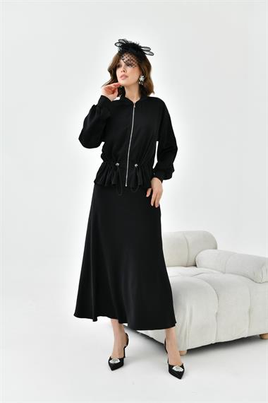 FTZ Women Kadın Büzgülü Ceketli Etekli Takım  Siyah 30725