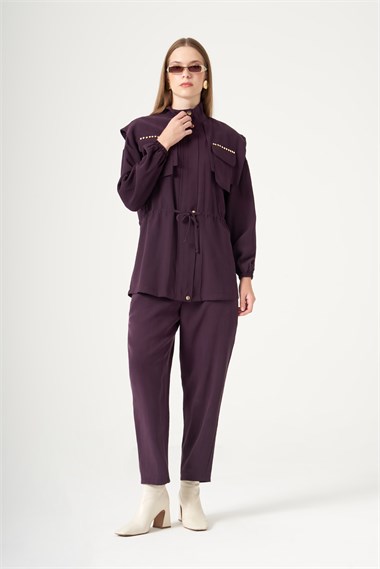 FTZ Women Kadın Cep Taşlı Pantolonlu Takım  Mürdüm 31557
