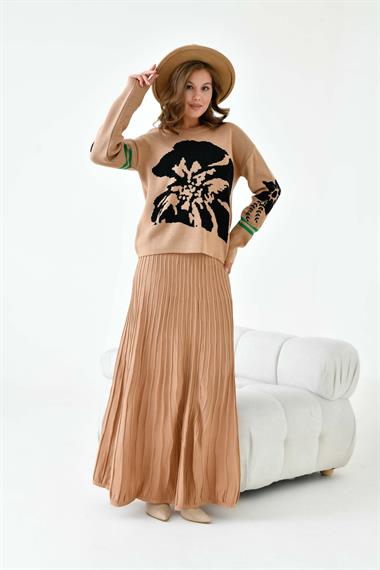 FTZ Women Kadın Çiçek Desen Detaylı Etekli Takım  Bisküvi 20125
