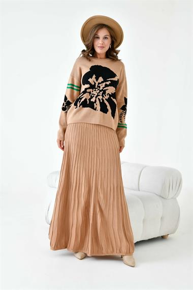 FTZ Women Kadın Çiçek Desen Detaylı Etekli Takım  Bisküvi 20125
