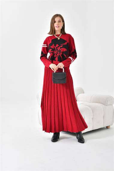 FTZ Women Kadın Çiçek Desen Detaylı Etekli Takım  Bordo 20125