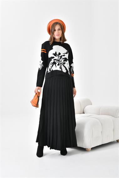 FTZ Women Kadın Çiçek Desen Detaylı Etekli Takım  Siyah 20125