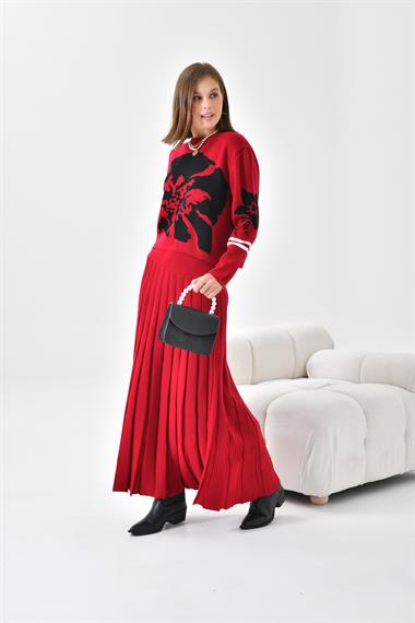 FTZ Women Kadın Çiçek Desen Detaylı Etekli Takım  Bordo 20125