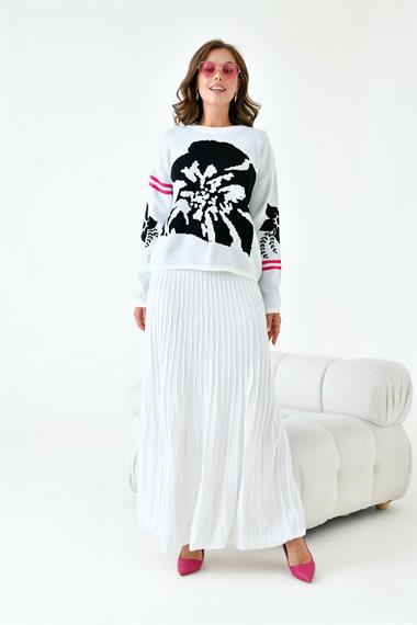 FTZ Women Kadın Çiçek Desen Detaylı Etekli Takım  Ekru 20125