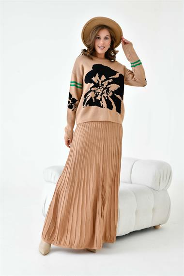 FTZ Women Kadın Çiçek Desen Detaylı Etekli Takım  Bisküvi 20125