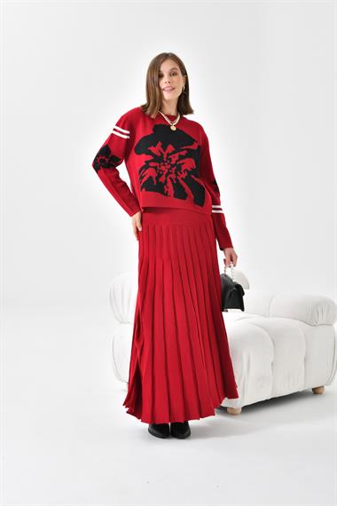 FTZ Women Kadın Çiçek Desen Detaylı Etekli Takım  Bordo 20125
