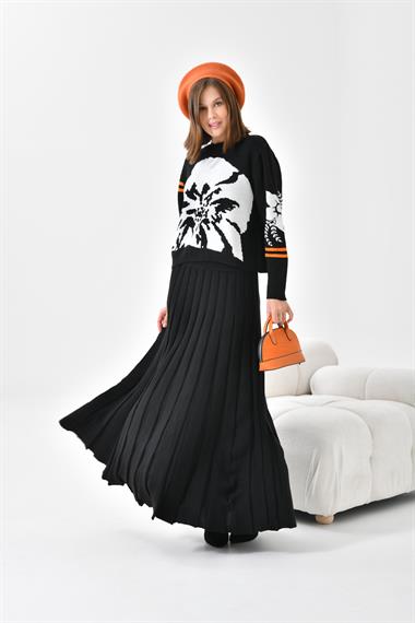 FTZ Women Kadın Çiçek Desen Detaylı Etekli Takım  Siyah 20125