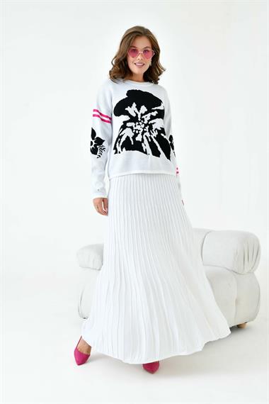FTZ Women Kadın Çiçek Desen Detaylı Etekli Takım  Ekru 20125
