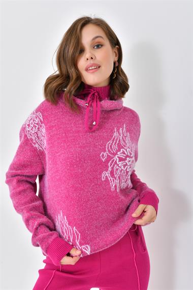 FTZ Women Kadın Çiçek Desen Pantolonlu Takım  Fuşya 20592