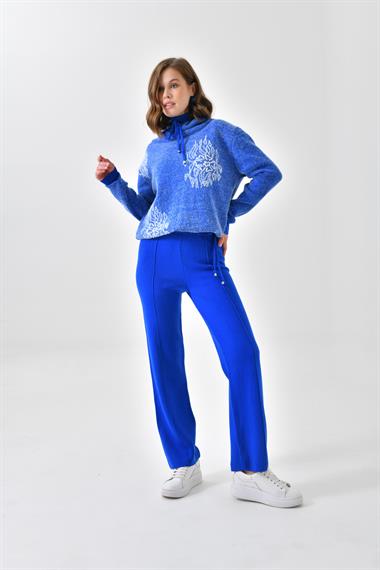 FTZ Women Kadın Çiçek Desen Pantolonlu Takım  Saks Mavi 20592