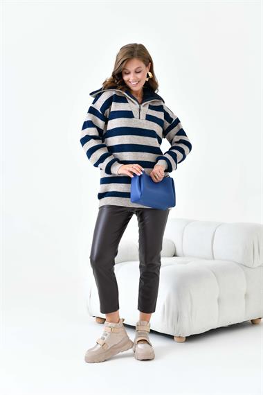 FTZ Women Kadın Çizgi Detaylı Kazak  Taş 20726