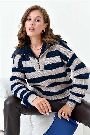 FTZ Women Kadın Çizgi Detaylı Kazak  Taş 20726